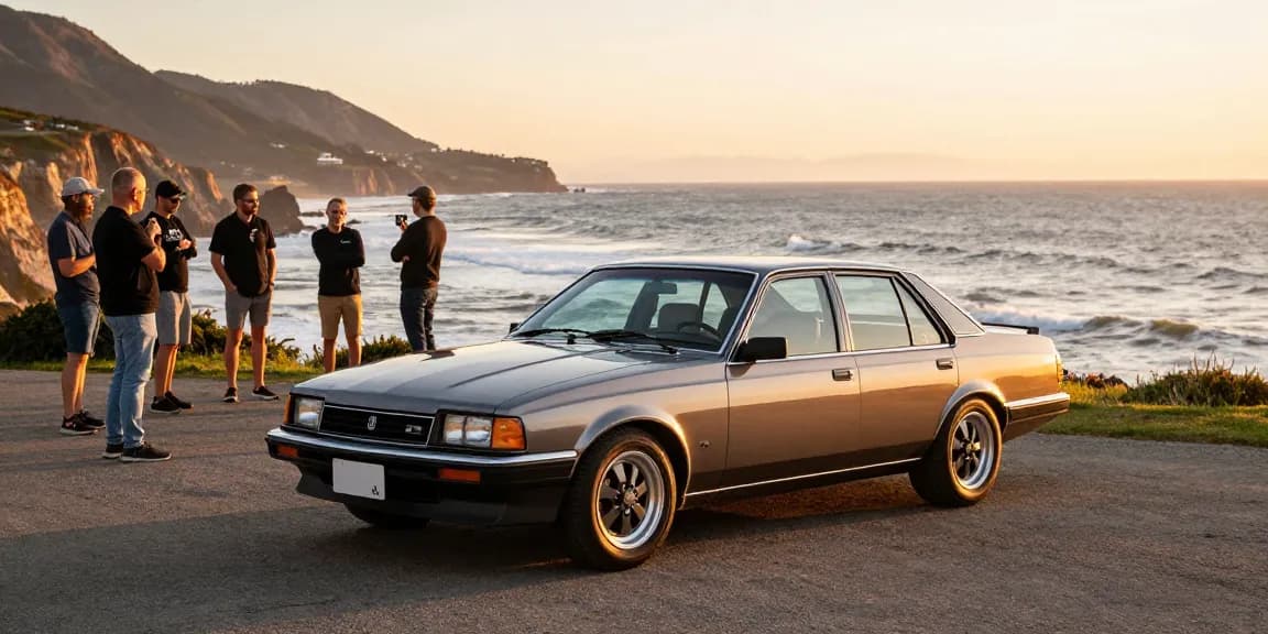 Enthusiasts admiring a classic HSV SV88 at sunset overlooking the coast.