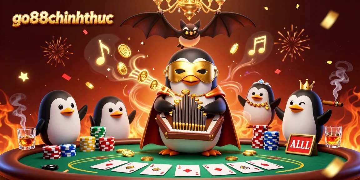 Engage in top-tier gambling with go88chinhthuc as a penguin plays an organ, showering golden coins.