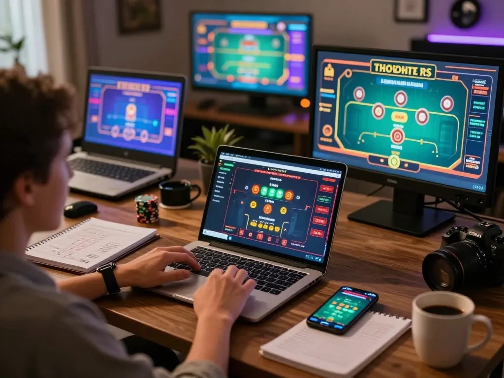 Engaging player at home using 79king to play blackjack on laptop with strategic notes nearby.