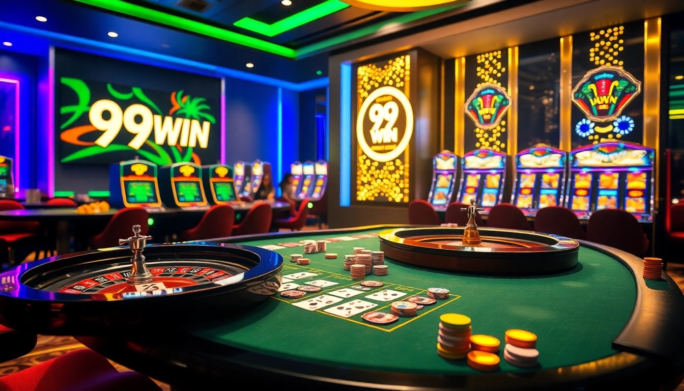High-stakes game at 99WIN casino featuring roulette and poker chips.