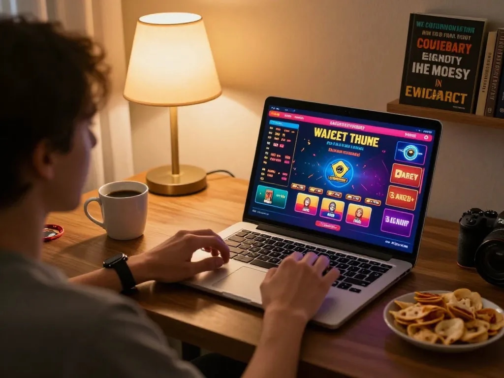 Engaging in live gameplay on https://rr88c.org/ with colorful casino interface, warm home setting.