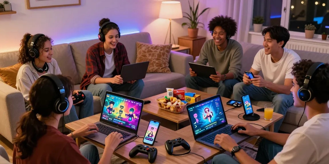 Friends enjoying engaging porn games HTML on laptops and tablets in an inviting living room.