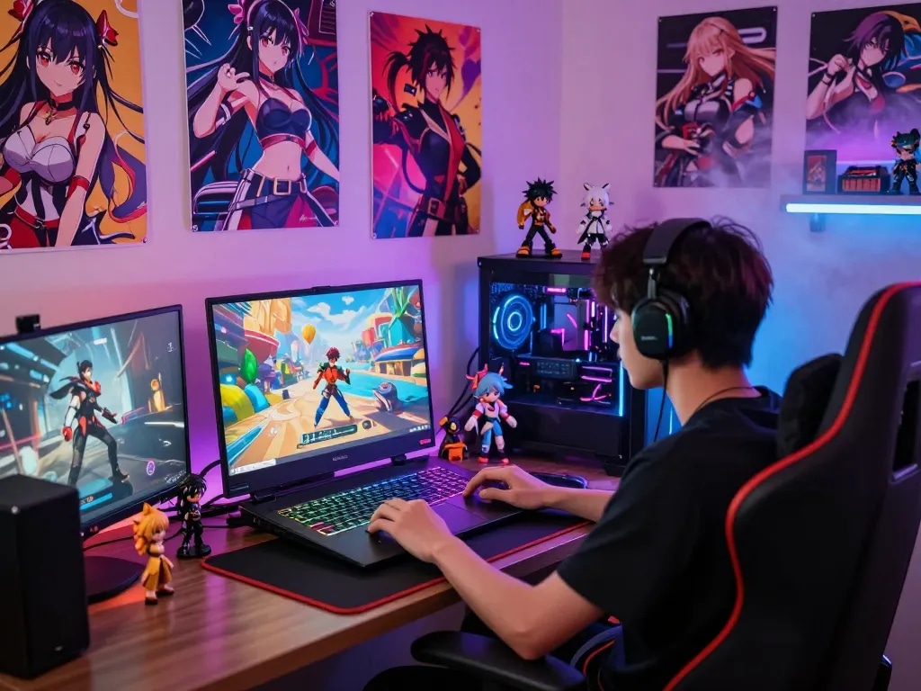 A gamer immersed in a hentai game, surrounded by anime decor, vibrant colors, and gaming gear.