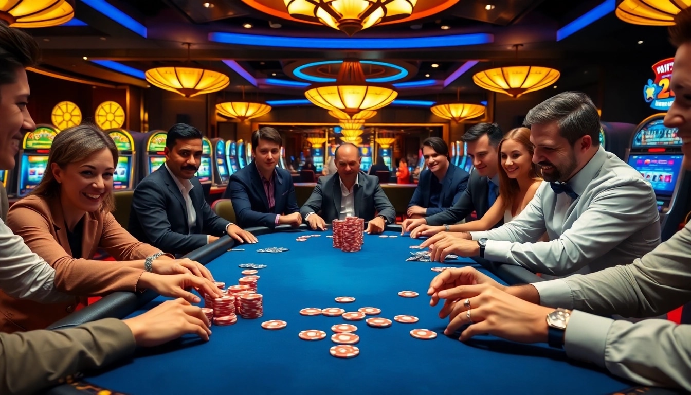 Gambling excitement at a luxury casino with mmoo theme, poker chips and vibrant players.