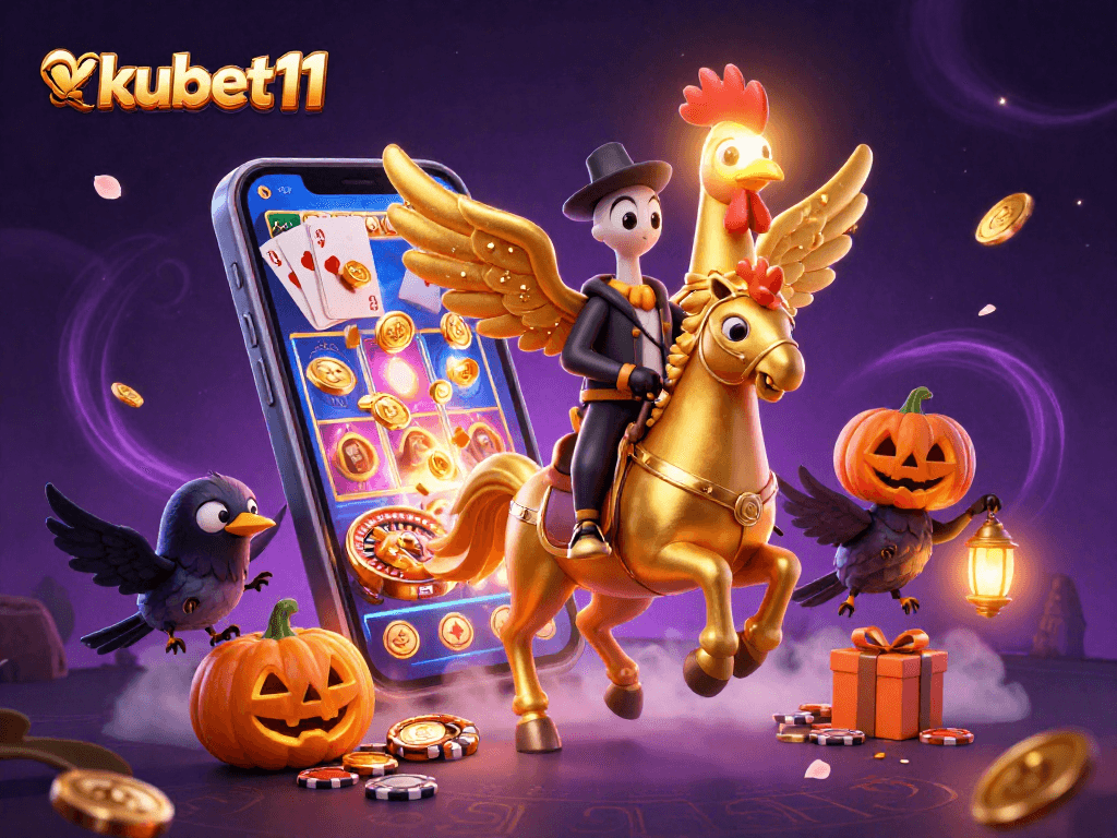 Experience kubet11's lively casino ambiance with a golden rooster headless horseman and vibrant gaming elements.