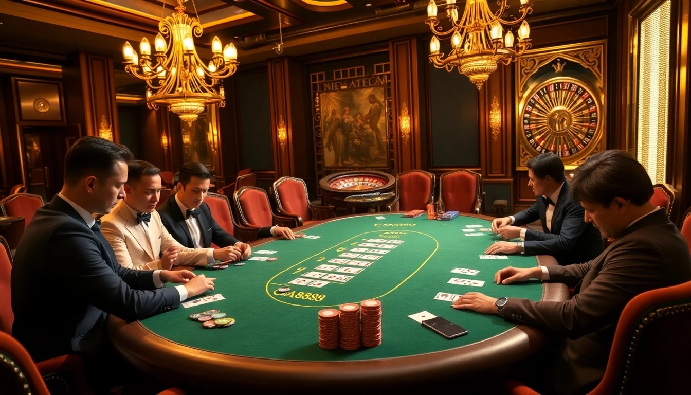 Players engaging intensely at a GA888 poker table with vibrant chips and cards.