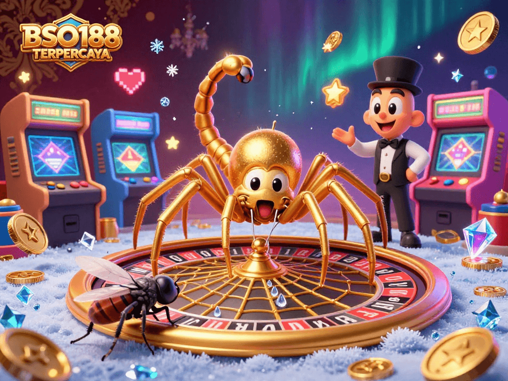 Engage with BSO188 TERPERCAYA by betting in a vibrant gambling scene featuring animated characters and casino elements.