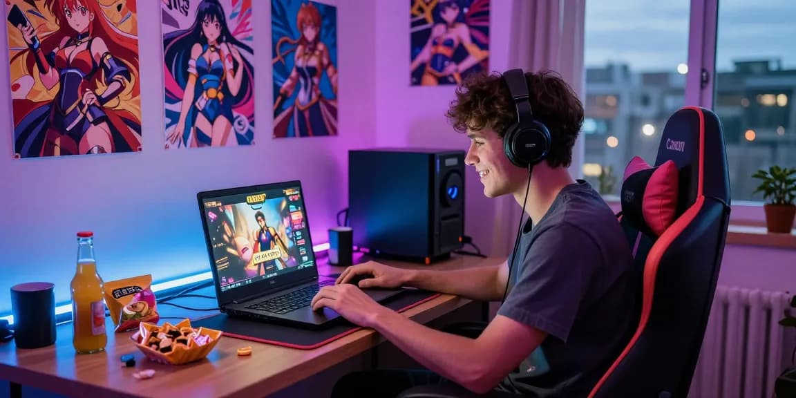 Gamer immersed in free hentai games on laptop in cozy room with vibrant colors.