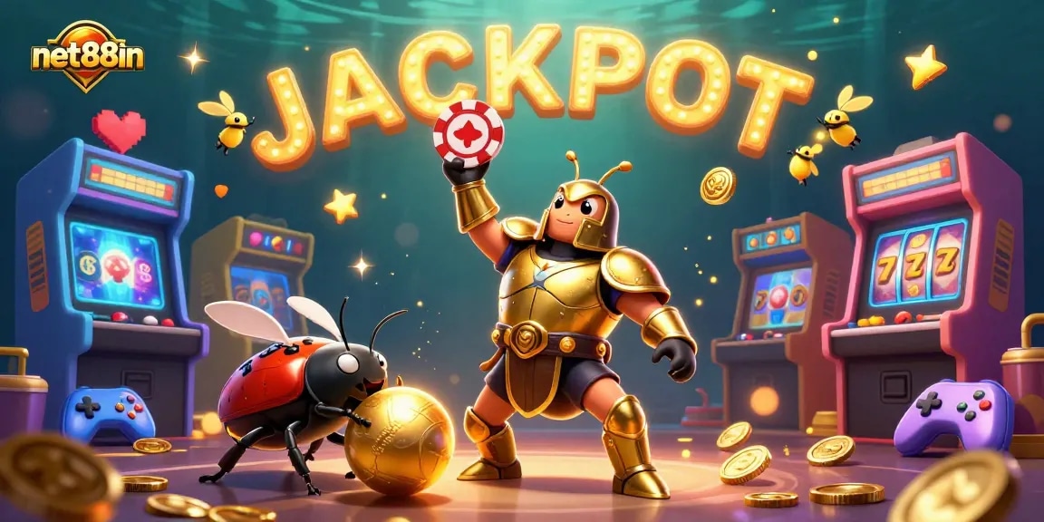 Experience net88in excitement with a victory pose of a golden armor beetle amidst dynamic slot game elements.