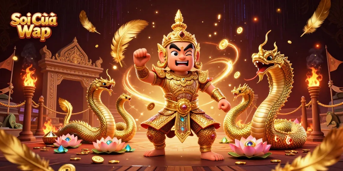 Soi Cầu Wap illustrates an exhilarating Thai temple guardian amidst dynamic casino elements, enchanting gamblers.