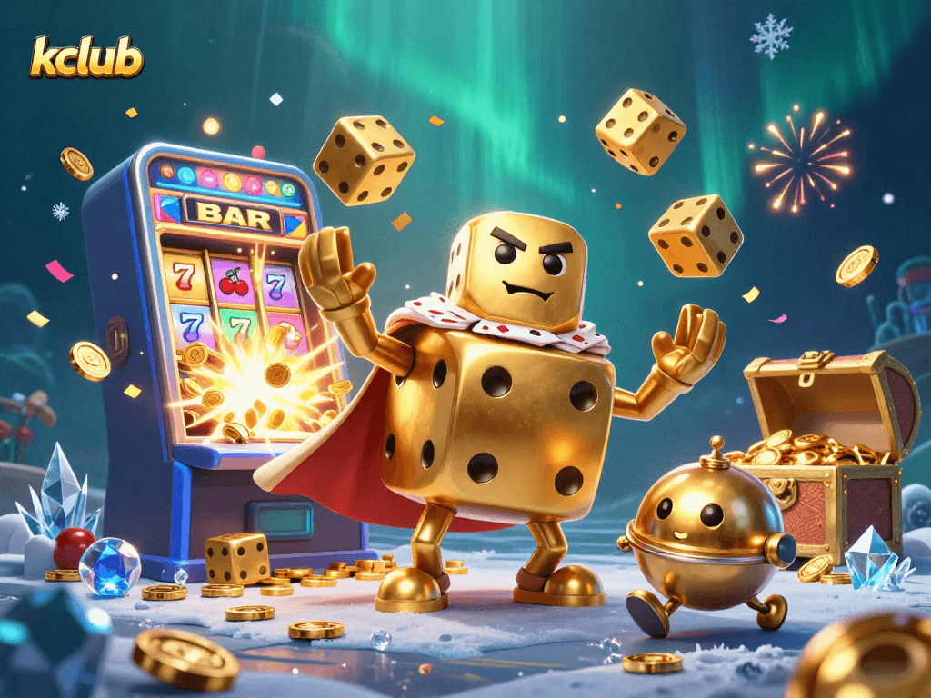 Experience the vibrant world of kclub with dynamic dice and golden rewards in this 3D casino scene.