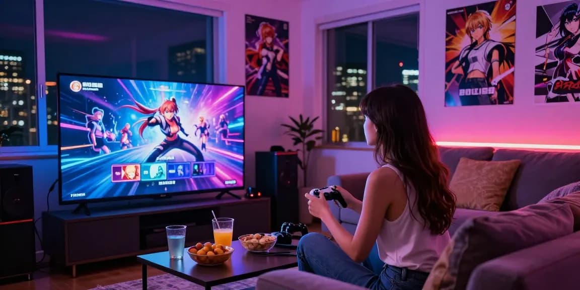 Enjoying real hentai games in a cozy living room with ambient lighting.