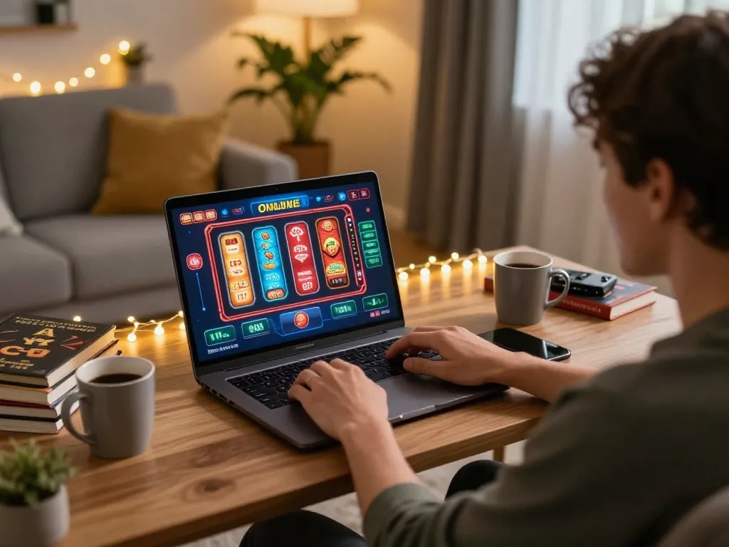 Person engaging in online casino gaming at https://rr88c.mobi/ with cozy room lighting and strategy materials.