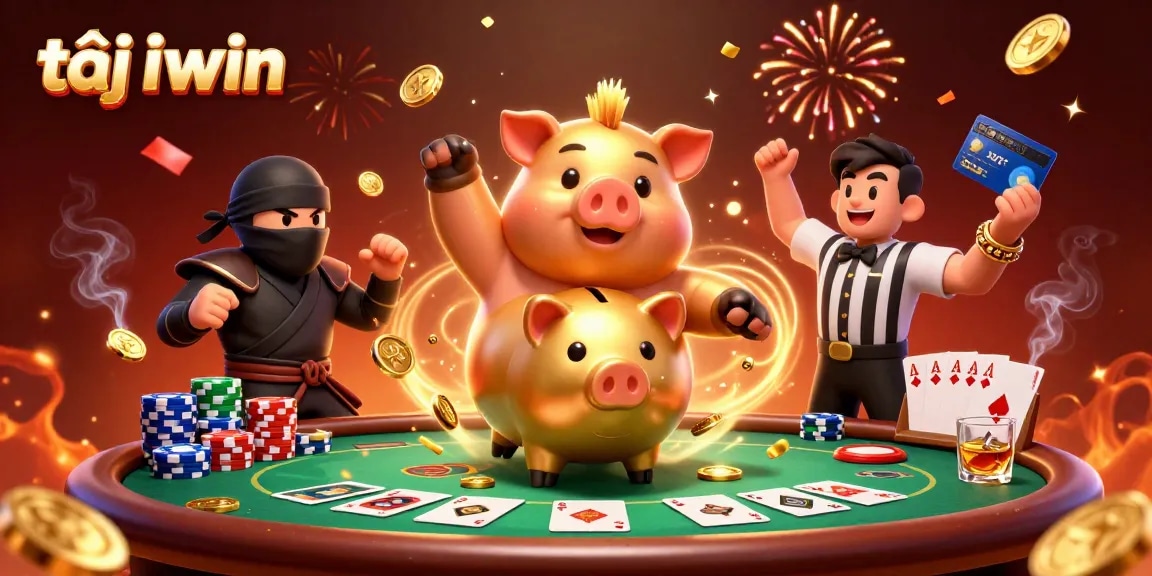 Engage in exciting play with tải iwin featuring a golden piggy bank sumo and colorful poker elements.