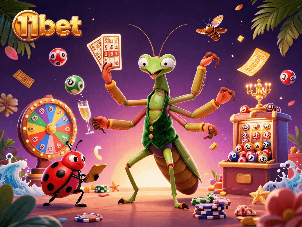 Enjoy thrilling gaming at 11bet with our lively cartoon casino scene featuring vibrant lottery elements.