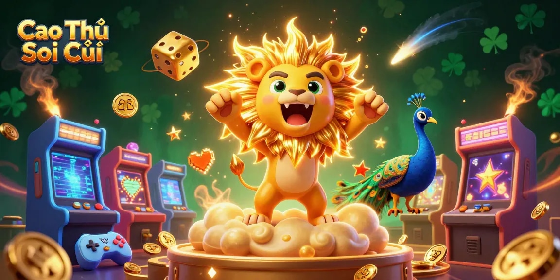 Cao Thủ Soi Cầu showcases a vibrant, dynamic casino scene with a roaring lion and cosmic dice.