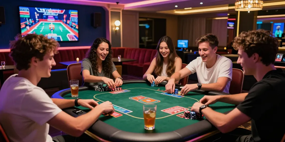 A lively gaming lounge with friends enjoying an iwin card game experience, surrounded by modern decor and vibrant lighting.