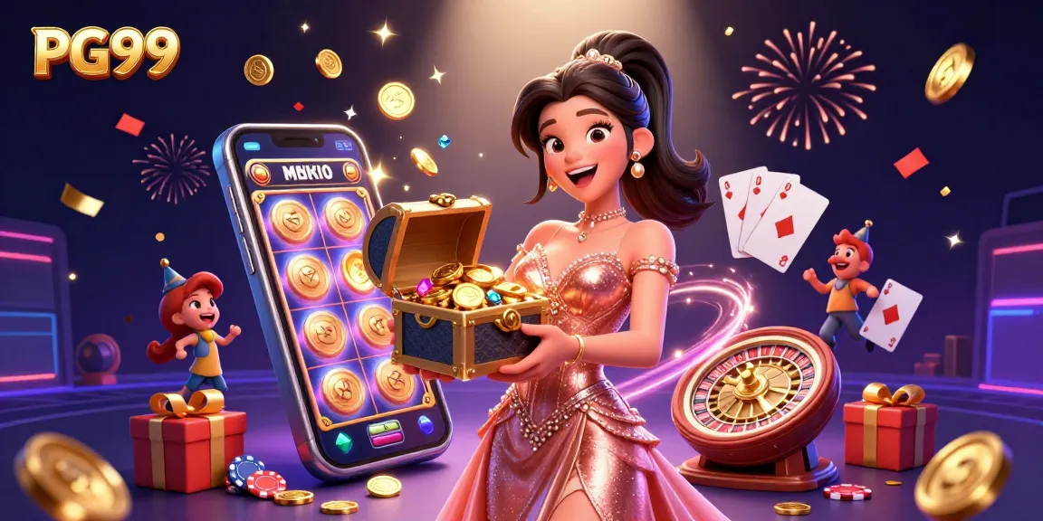 Engage in winning moments at PG99 with lively visuals and golden treasure chests in this vibrant casino illustration.