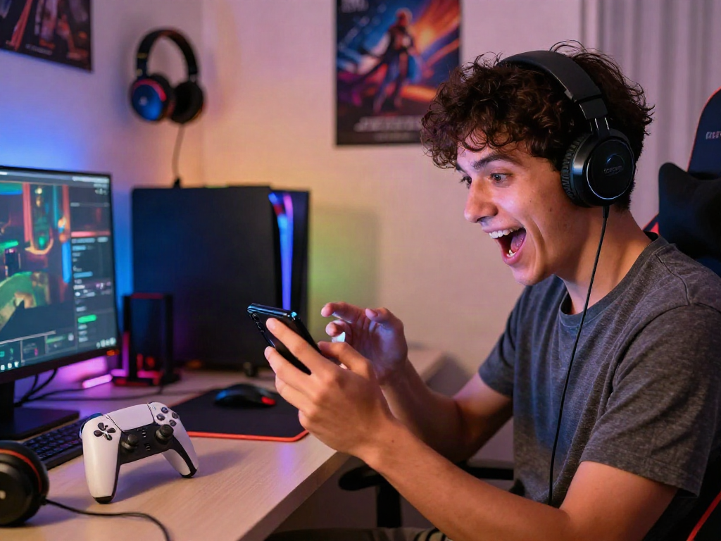 Excited user downloading tải app 78win in a vibrant gaming setup with LED lights and merchandise.