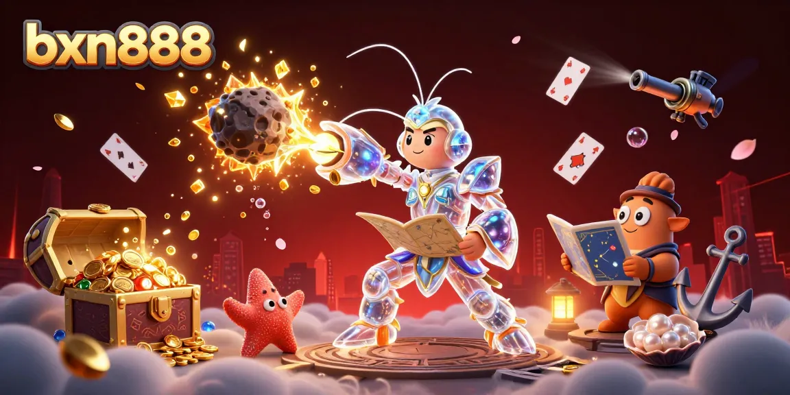 Join the adventure at bxn888 with a vibrant 3D scene of samurai mantis shrimp and starfish amid gambling treasures.