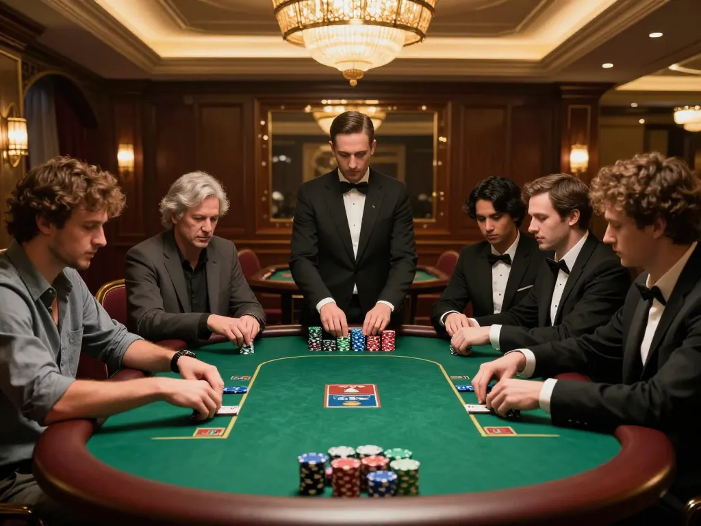 Okwintv players strategizing during a high-stakes poker game in a luxurious casino