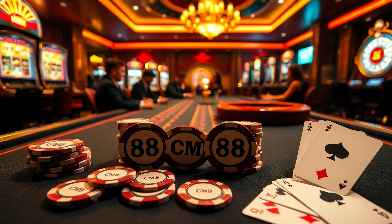 Players strategizing over poker tables with CM88-themed chips in a luxurious casino setting.