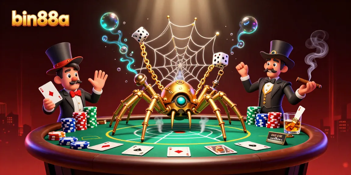 Engage in thrilling gameplay at bin88a, featuring a dynamic 3D spider web capture scene with poker elements.