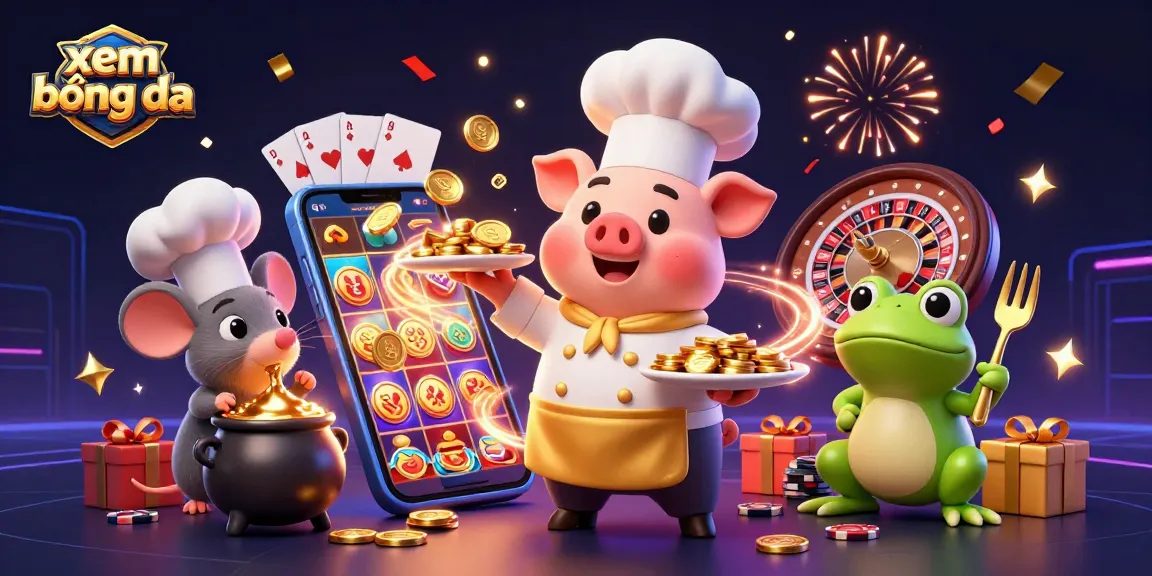 Experience xem bóng đá with thrilling action depicted by chef pig and food critic frog amidst gaming elements.