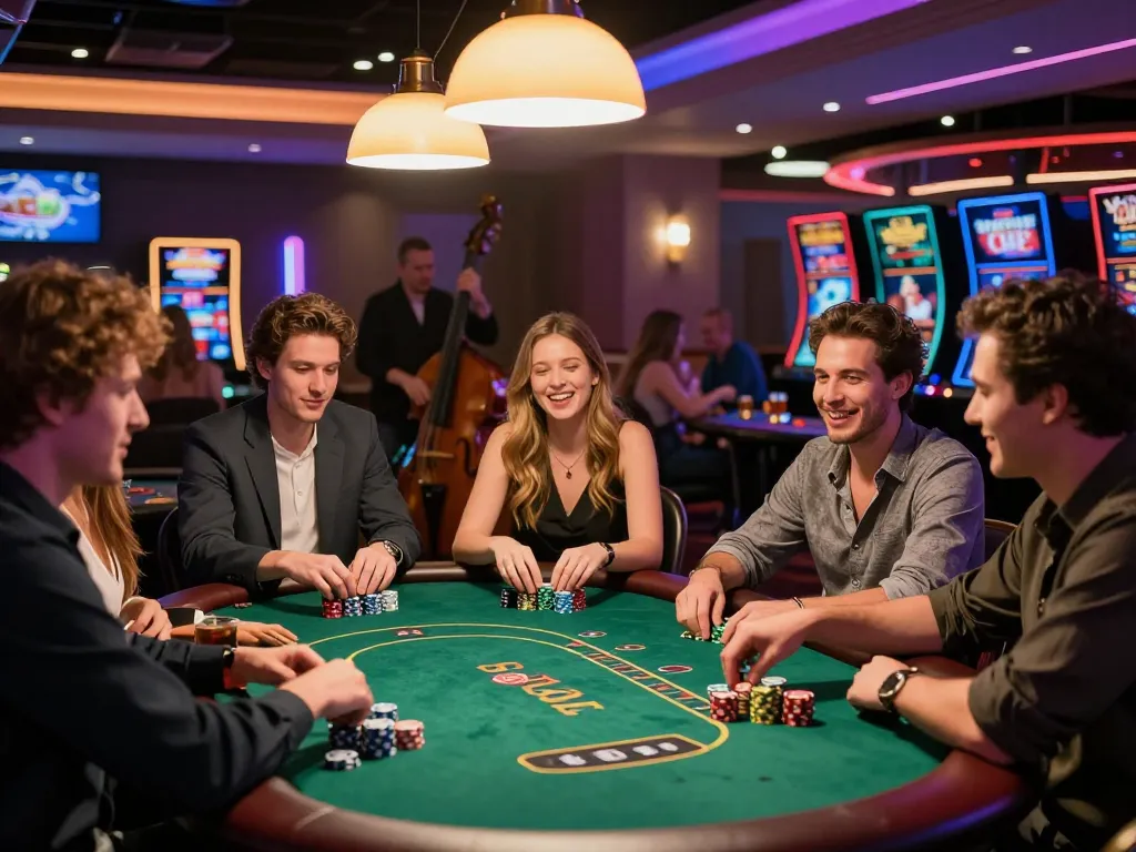 Exciting casino scene featuring man88 players enjoying poker in a vibrant atmosphere with chips and drinks.