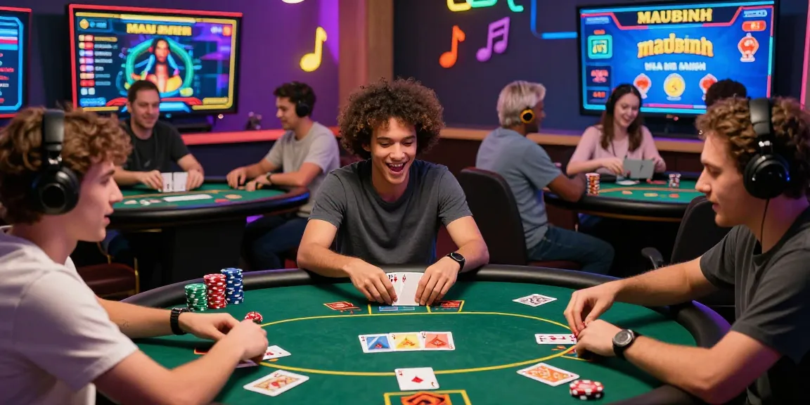 Engaged players enjoying game bài đổi thưởng in a colorful online casino setting, showcasing excitement and vibrant graphics.