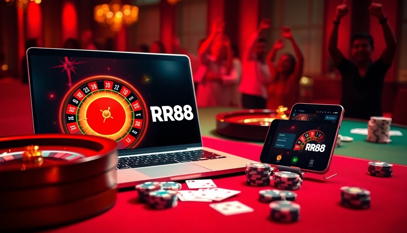 Engage with RR88’s thrilling online gambling scene featuring poker chips and roulette wheel.