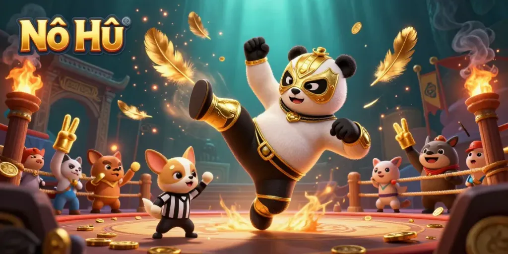 Nổ Hũ action scene featuring a panda wrestler and a chihuahua referee in a vibrant casino atmosphere.