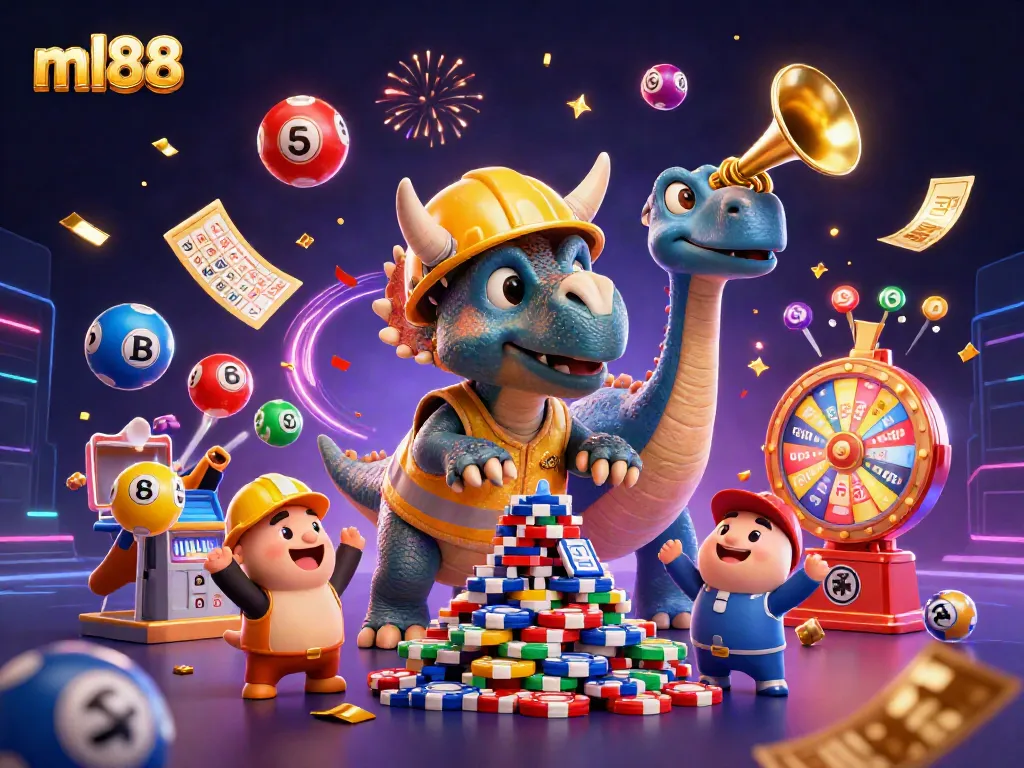 Engage with ml88's vibrant gaming world among cheerful characters, rich in excitement and casino-themed visuals.