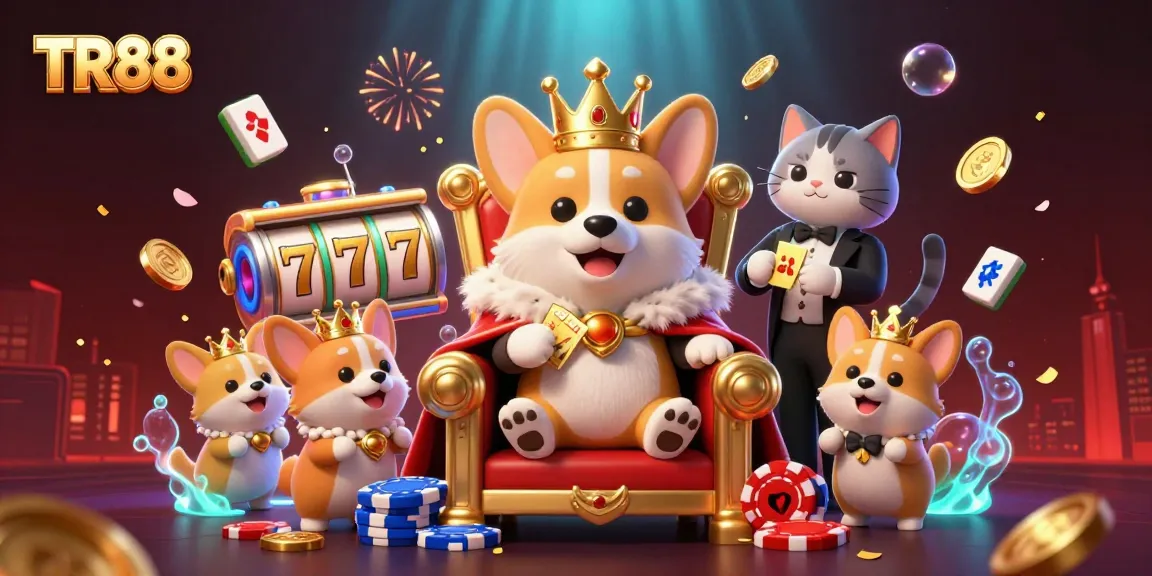 Unleash your luck with TR88 - a royal corgi and lively characters in a vibrant casino scene.