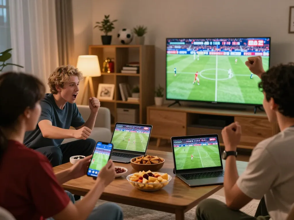 Xoilac viewers enjoying live football matches on various devices in an engaging atmosphere
