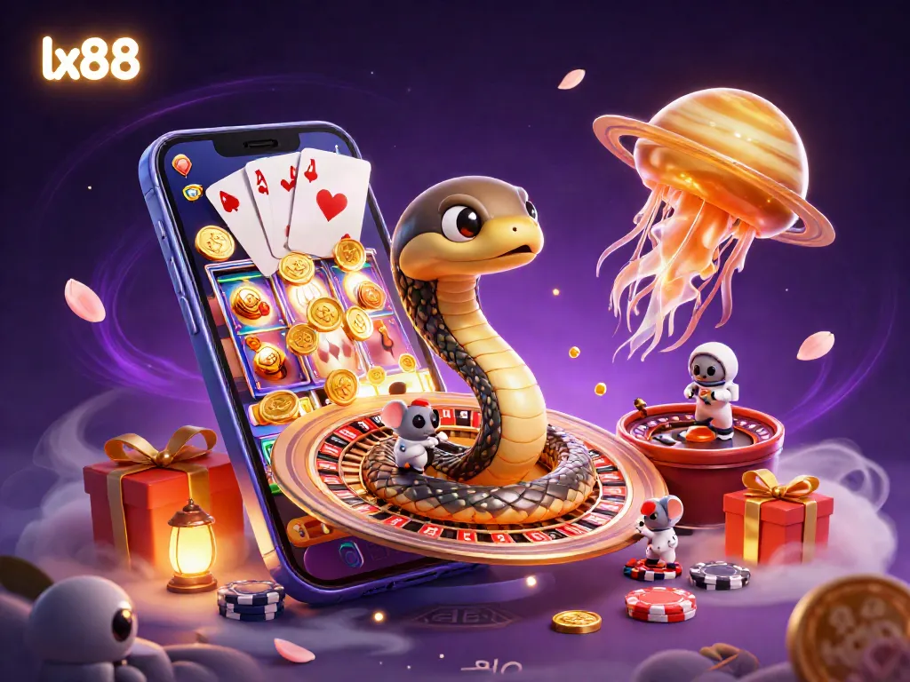 Experience lx88's vibrant cosmic casino scene with roulette and slot action amid floating bets.