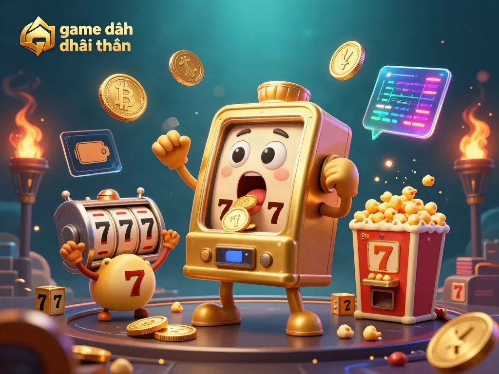 Engage with exciting game đánh bài đổi thưởng as a golden slot machine hits its jackpot amidst vibrant casino elements.