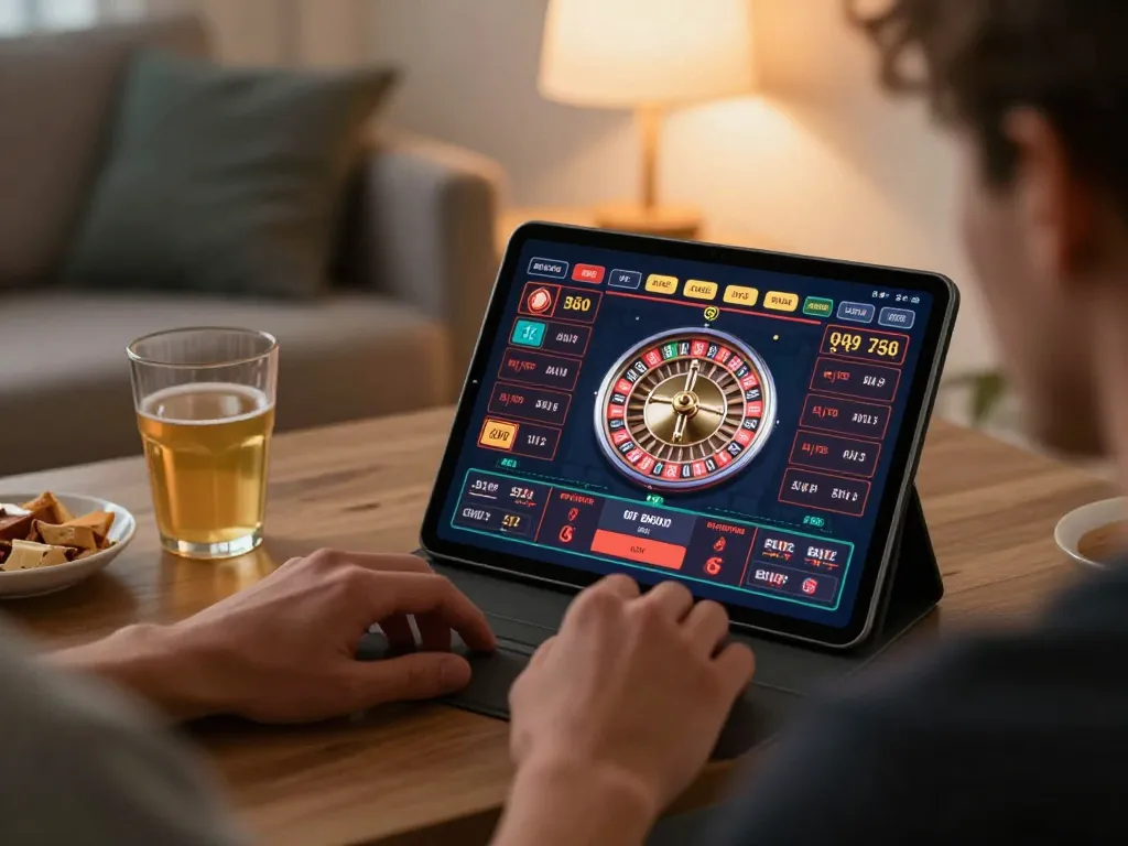 Engaging online gaming session with sunwin roulette on tablet in cozy home atmosphere.