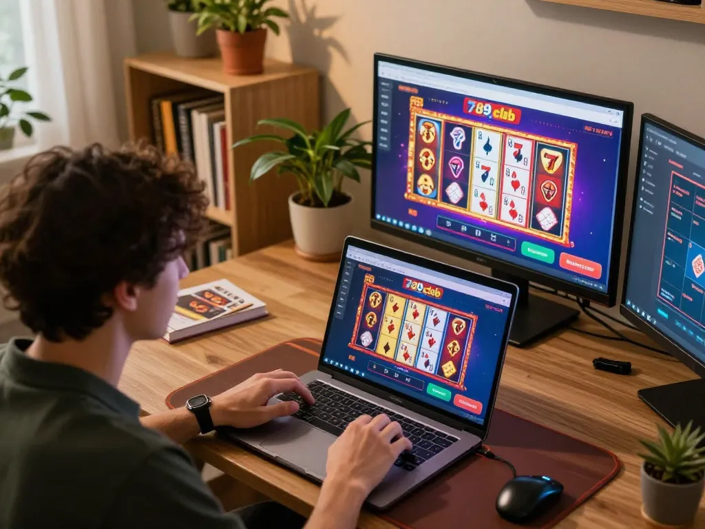 Engaged player exploring 789club online gaming features on a laptop at home, surrounded by a cozy setting.