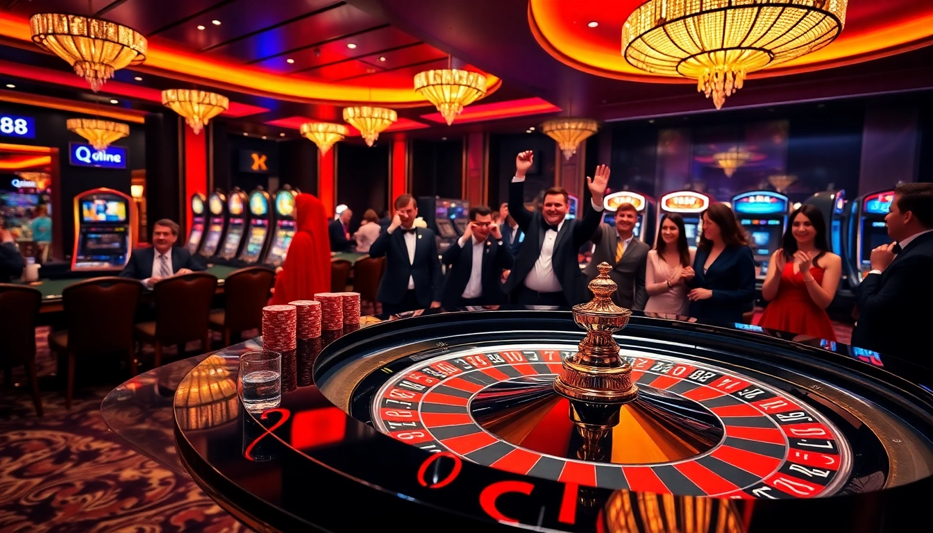 Experience qh88's thrilling casino environment with players cheering at a roulette table.