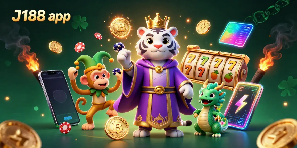 Experience the thrilling J188 app with an energetic online casino scene featuring dynamic characters and gaming elements.