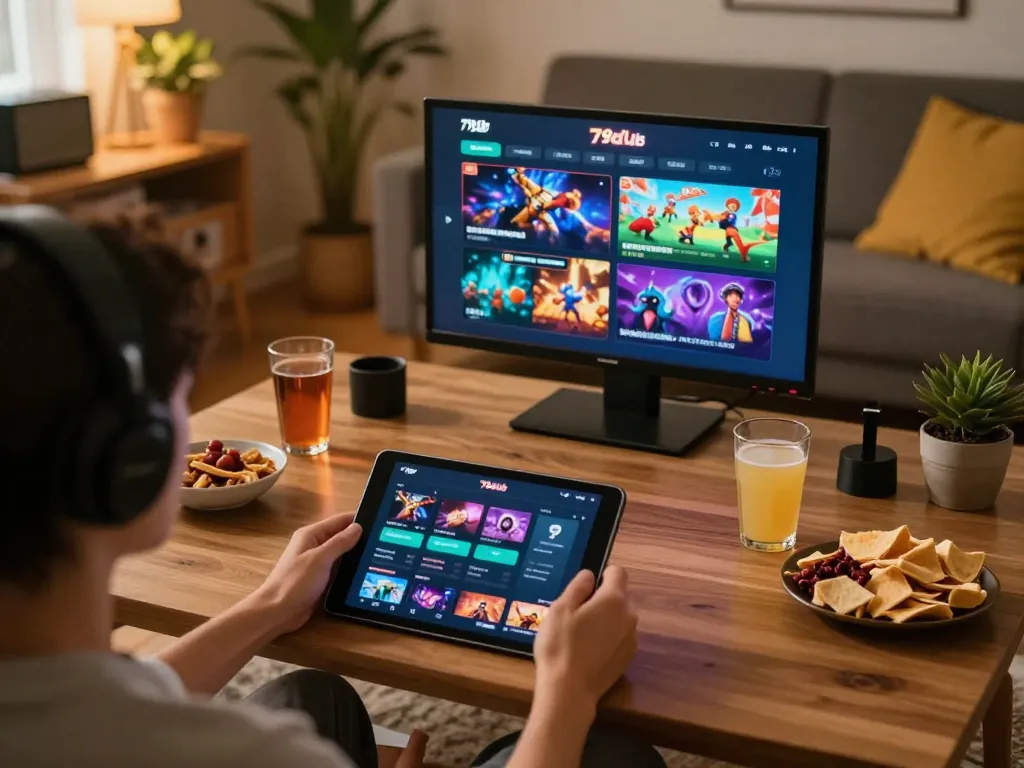 Person enjoying online casino gaming on 79club app in a cozy living room setup