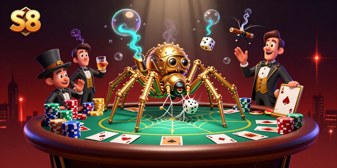 Engage in the thrills of S8 Casino with this vibrant 3D illustration featuring a golden spider and poker elements.