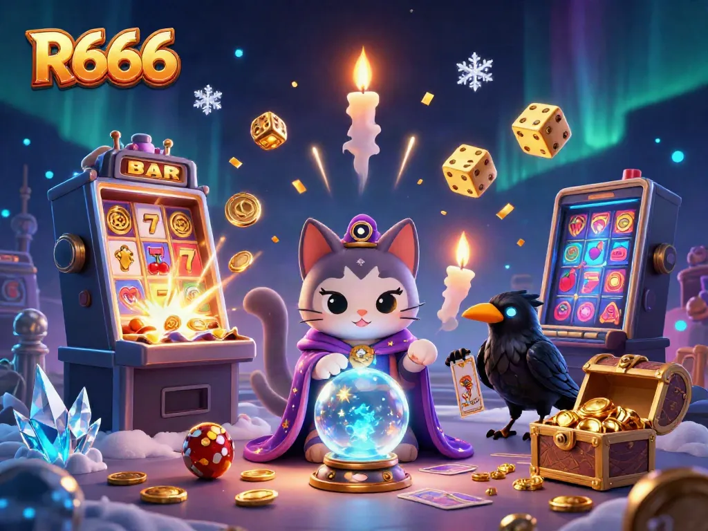 Engage with the thrilling R666 casino experience featuring vibrant slot machines and mystical characters.