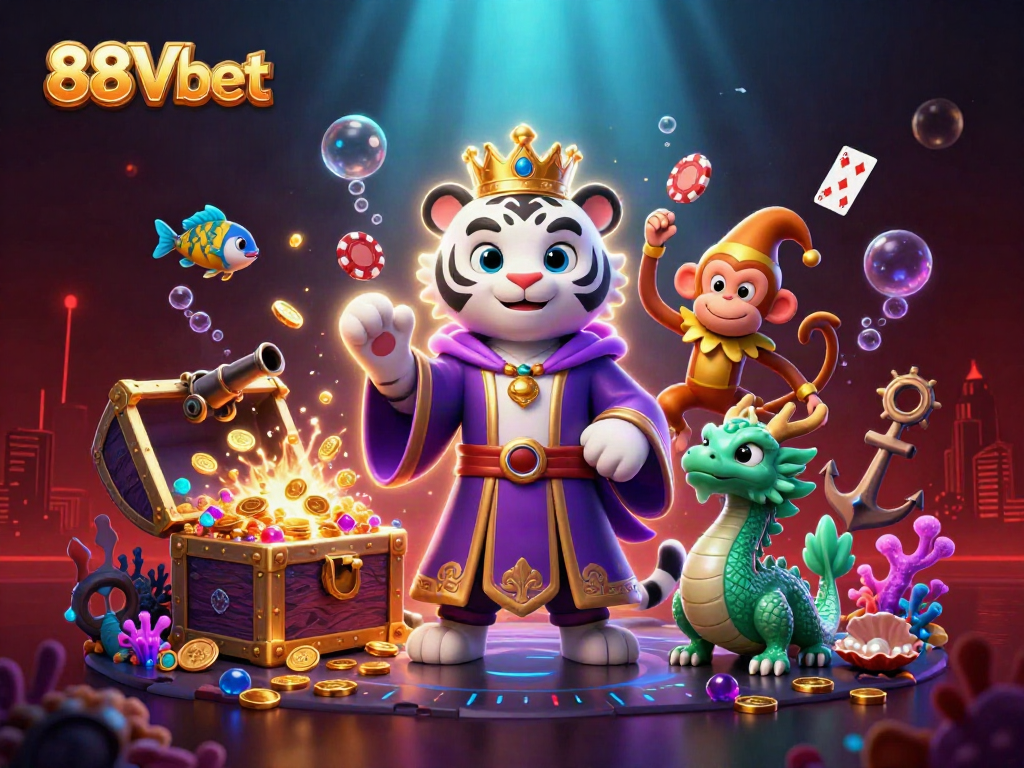 Experience 88Vbet's vibrant casino adventure with a whimsical interaction of characters in a rich 3D scene.