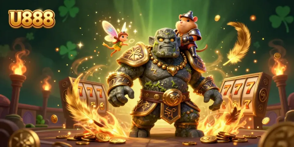 Engage in thrilling slots with U888, featuring a mystical golem, fairy magic, and vibrant game elements.