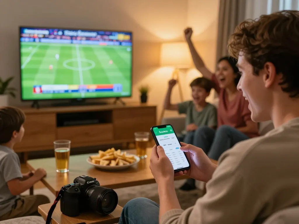 Socolive user engaging in live sports betting from home with smartphone and TV.