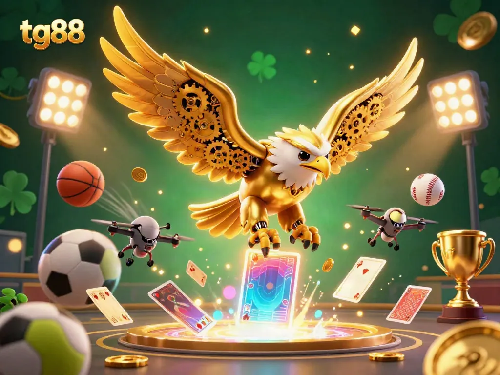 Engage and win at tg88 in a vibrant casino scene featuring a golden eagle and dynamic sports elements.