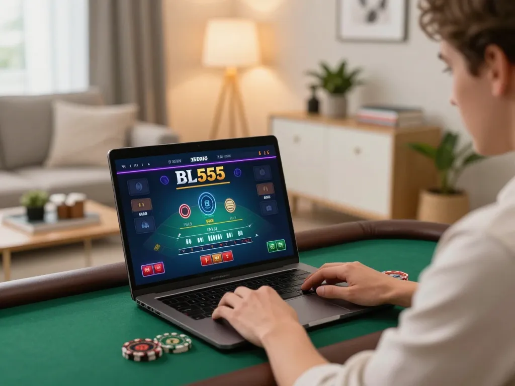 Player engaging with live dealer blackjack on BL555 in a cozy home setting
