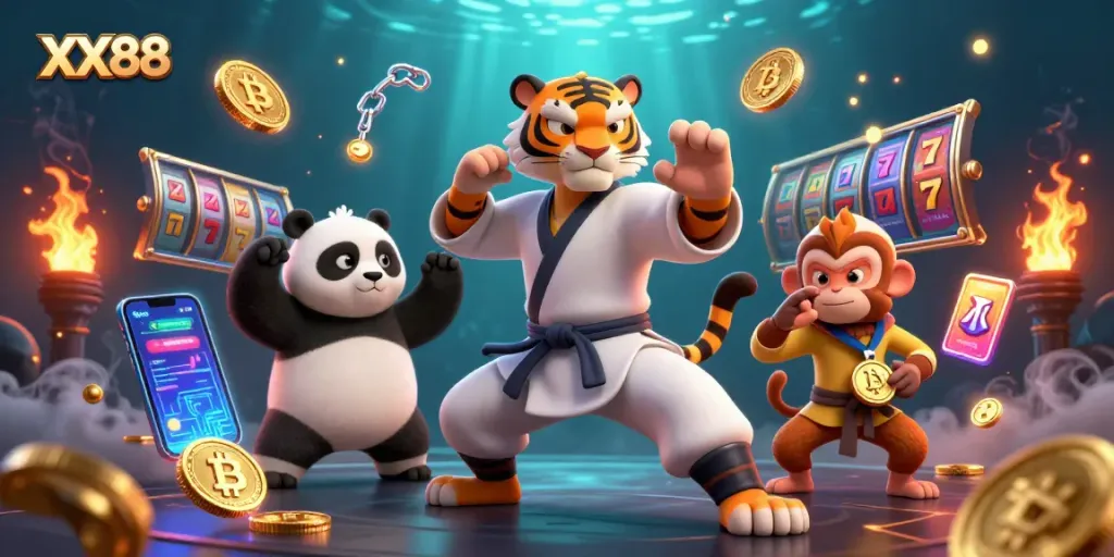 Experience excitement with XX88 as a kung fu tiger and panda navigate thrilling casino symbols.